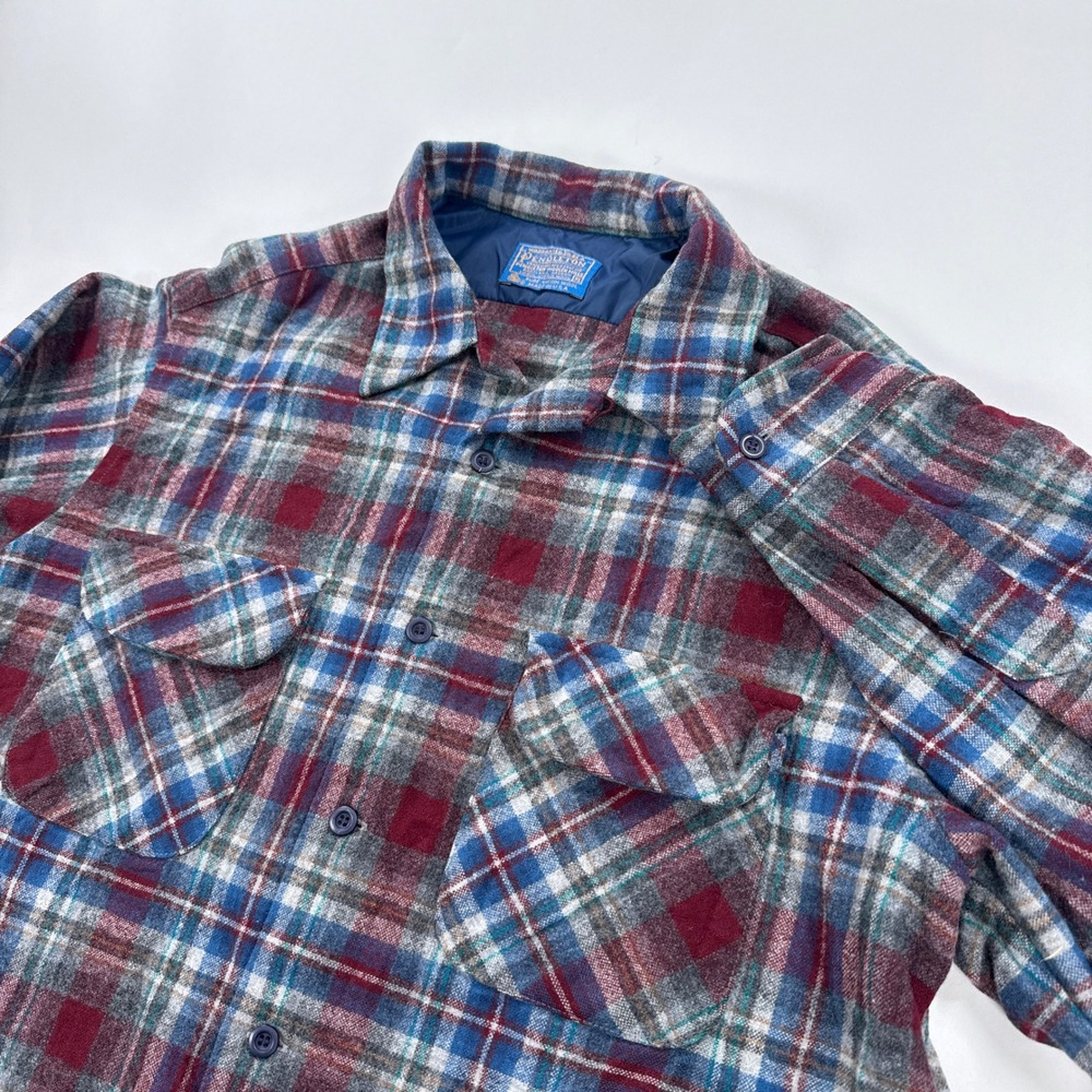 Vintage Pendleton Mens Board Shirt XL Blue Red Plaid Virgin Wool Button Up
